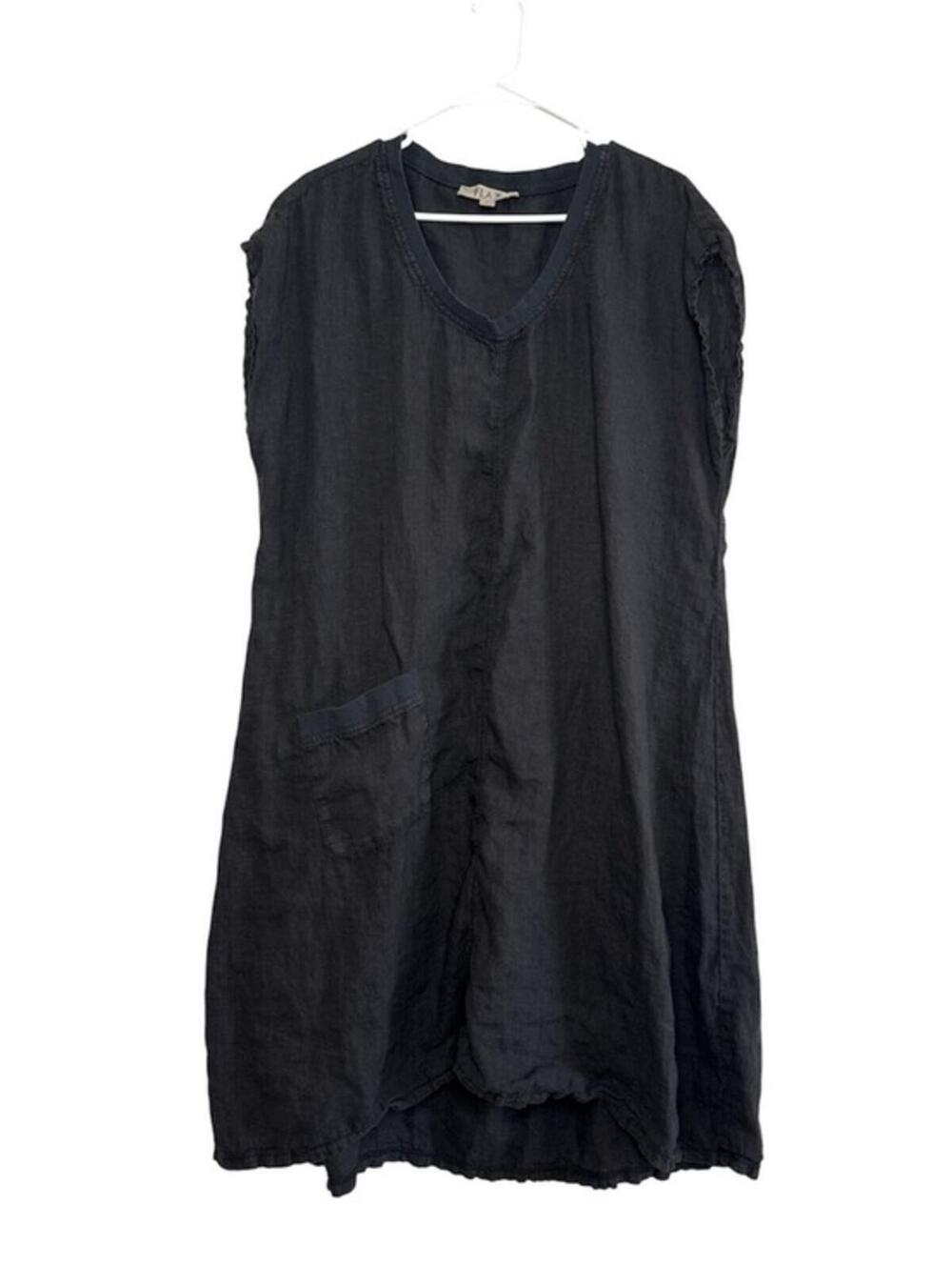 Flax Women's Black Linen V-Neck Mini Shift Dress Large